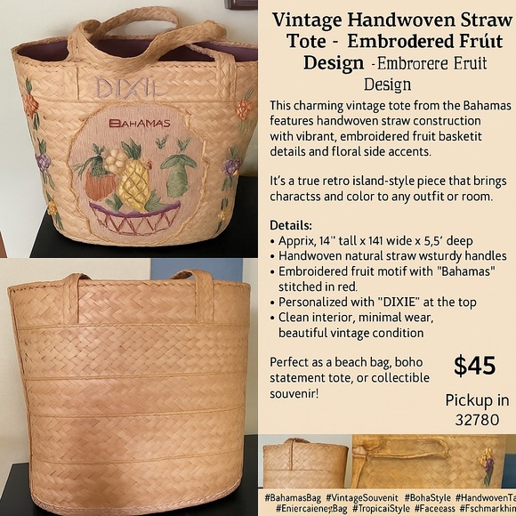 Handbags - Vintage Handwoven Straw Tote – Bahamas Souvenir Bag – Embroidered Fruit Design